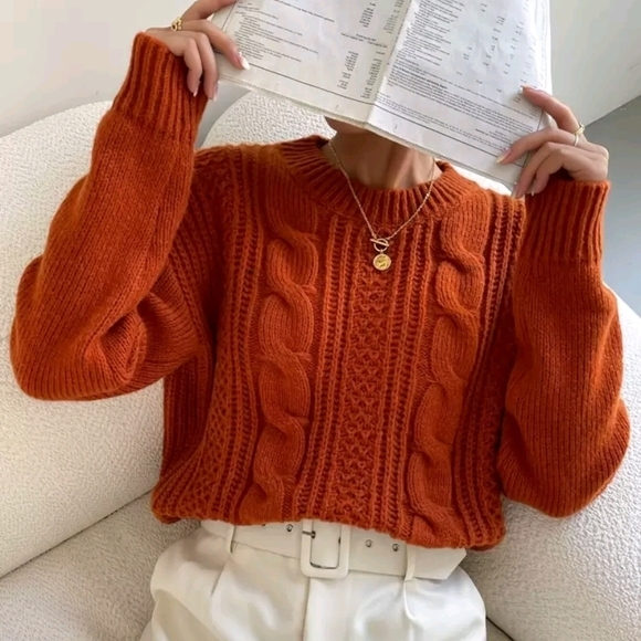 Vibrant Cable Knit Sweater in Orange - Picture 2 of 3